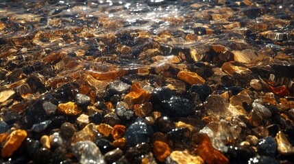 Obraz premium Flowing stream, with clear water and smooth stones, under dappled sunlight