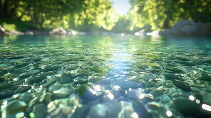 Naklejka premium Flowing river, clear water, surrounded by lush greenery, bright sunlight
