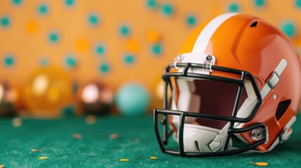 Fototapeta premium Energetic and festive football game day atmosphere featuring an orange helmet with deep depth of field and equipment create an exciting and celebratory sports event scene