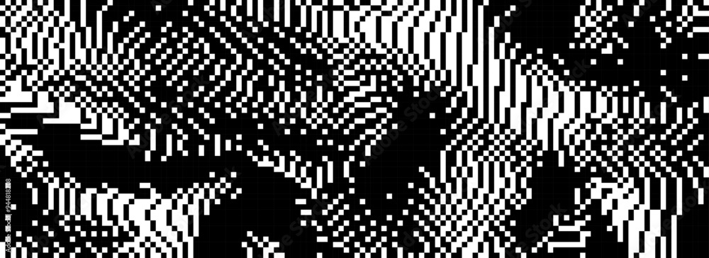 Poster Dithered curved wavy texture. Black pixelated glitch lines background. Digitalized distorted backdrop for banner, poster, flyer, brochure, booklet. Abstract rasterized noise overlay wallpaper. Vector