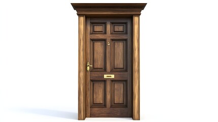 47. **A classic wooden door with raised panels and a brass handle, isolated on a pristine white background.