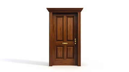 47. **A classic wooden door with raised panels and a brass handle, isolated on a pristine white background.