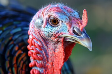 Detailed close-up of a wild turkey displaying vibrant feathers outdoors