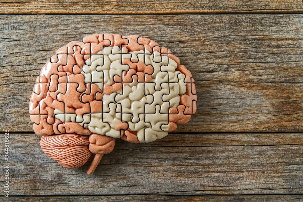 Poster puzzle brain illustration on a wooden surface symbolizing the complexity of human thought problem so