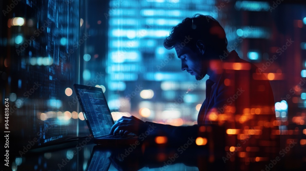 Poster silhouetted hacker working on laptop in cityscape