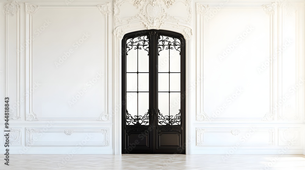 Wall mural 49. **An ornate French door with glass panels and decorative metalwork, set against a pristine white background.