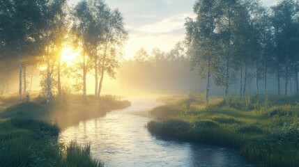 Fototapeta premium Misty Sunrise over a River in a Birch Forest