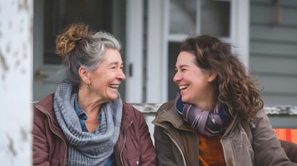 A senior woman and her adult daughter sitting together on a porch laughing and having a good time creating a sense of warmth connection and lightheartedness