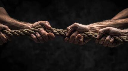 Hands gripping a rope, teamwork in action, high contrast light