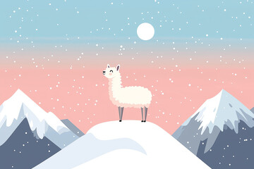 A cheerful llama stands on snowy mountain peak, gazing at serene landscape under pale moon. scene evokes sense of tranquility and wonder.