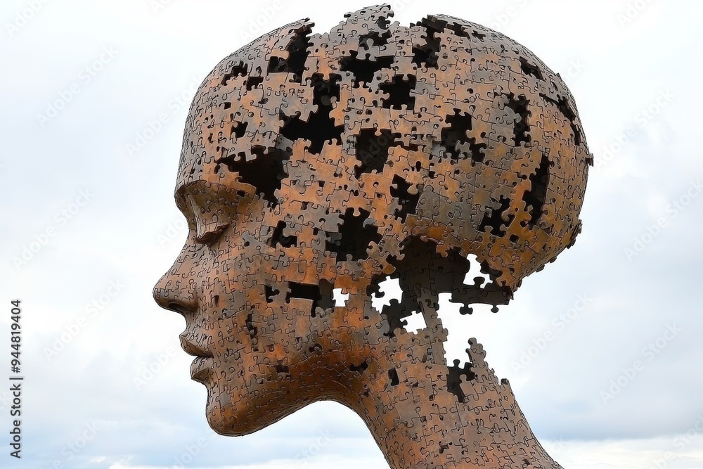 Aufkleber sculpted head with missing puzzle pieces symbolizing the complex nature of human thought memory loss
