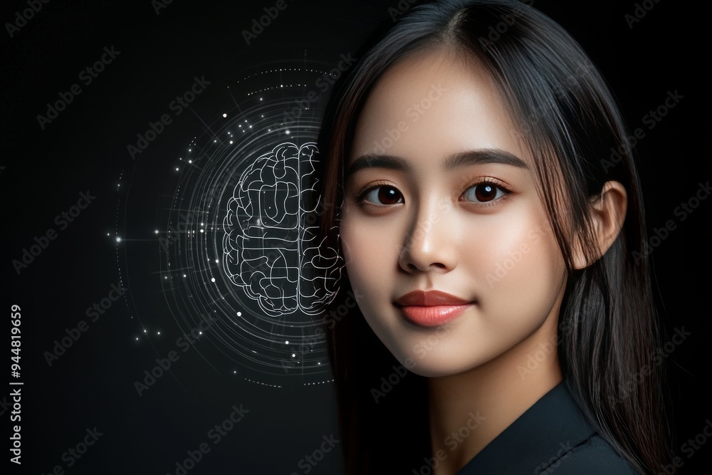 Wall mural portrait of a young woman in a futuristic style surrounded by abstract neural patterns representing 