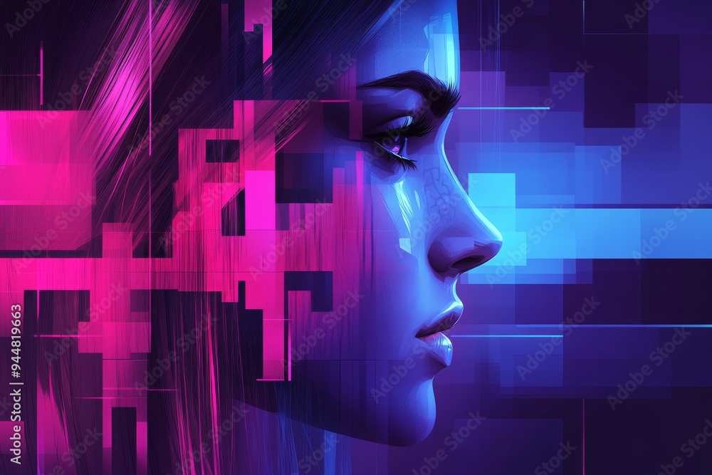 Poster vibrant digital abstract of a womans profile with geometric blocks representing the fusion of techno