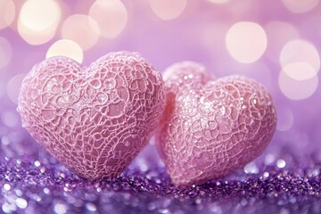 Obraz premium Two Soft Pink Hearts With Lace On Purple Glitter Background With Sparkles - Valentine's Day Concept with generative ai