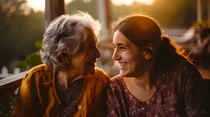 A senior woman and her adult daughter sitting and talking evoking feelings of affection nostalgia and appreciation