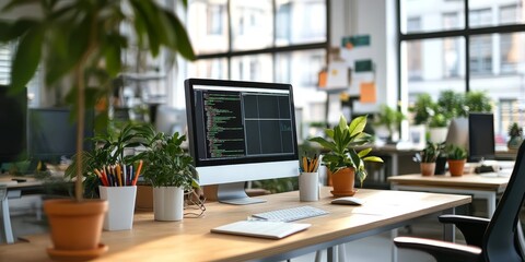 Fototapeta premium Modern professional desk setup with digital tools greenery and clean design elements in a contemporary office