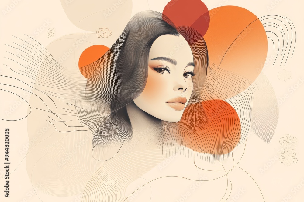 Poster abstract portrait of a woman with soft geometric shapes and flowing lines symbolizing the intersecti