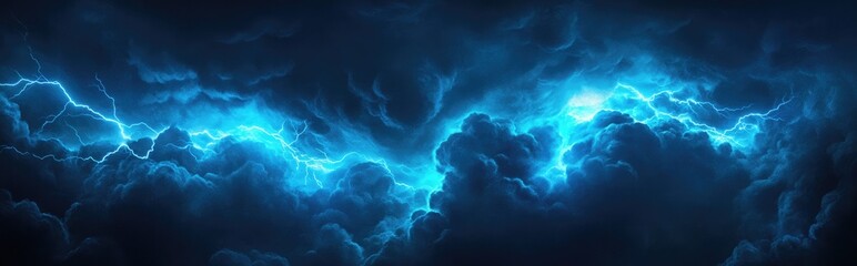 Fototapeta premium Brightly painted night sky with lightning and thunderstorm in a 3D cartoon rendering featuring a smokey texture illustration Light blue neon watercolor on a deep dark background with a paper textu