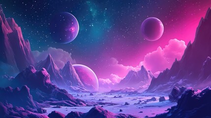 2D illustration in a cartoon drawing style featuring a 3D rendering of deep space The artwork showcases stars planets moons and diverse science fiction backdrops highlighting alien solar systems