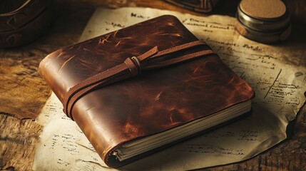 A vintage leather journal resting on aged parchment with handwritten notes in a dimly lit setting