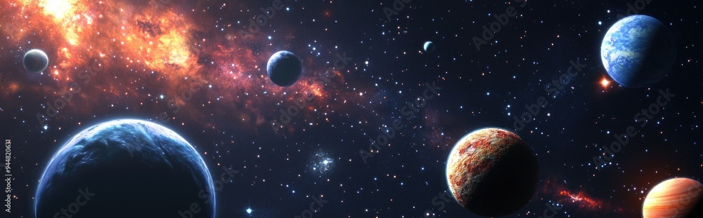 Poster cartoon rendering in 3d of planetary stars and galaxies in outer space