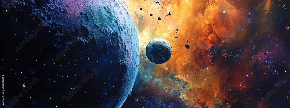 Poster Outer space depicted in a 3D cartoon rendering Mixed media