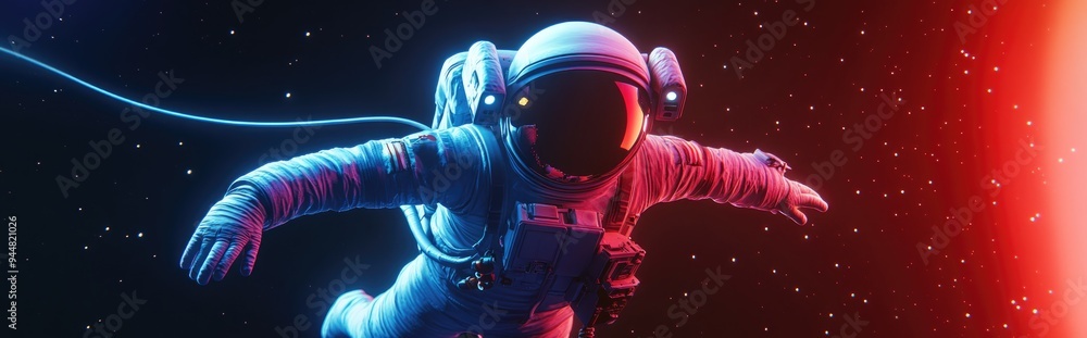 Aufkleber Astronaut flying in outer space with a safety tether isolated on a black background in 3D cartoon rendering