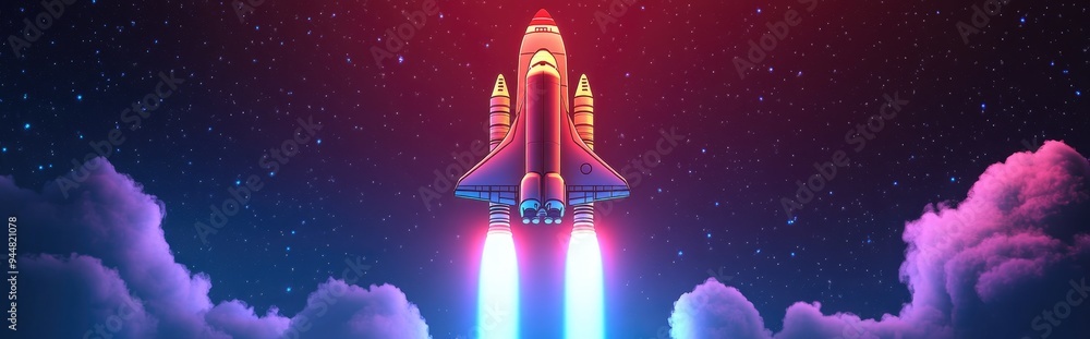 Aufkleber Space shuttle take off from Earth planet in a 3D cartoon rendering Expedition in deep space Spaceship