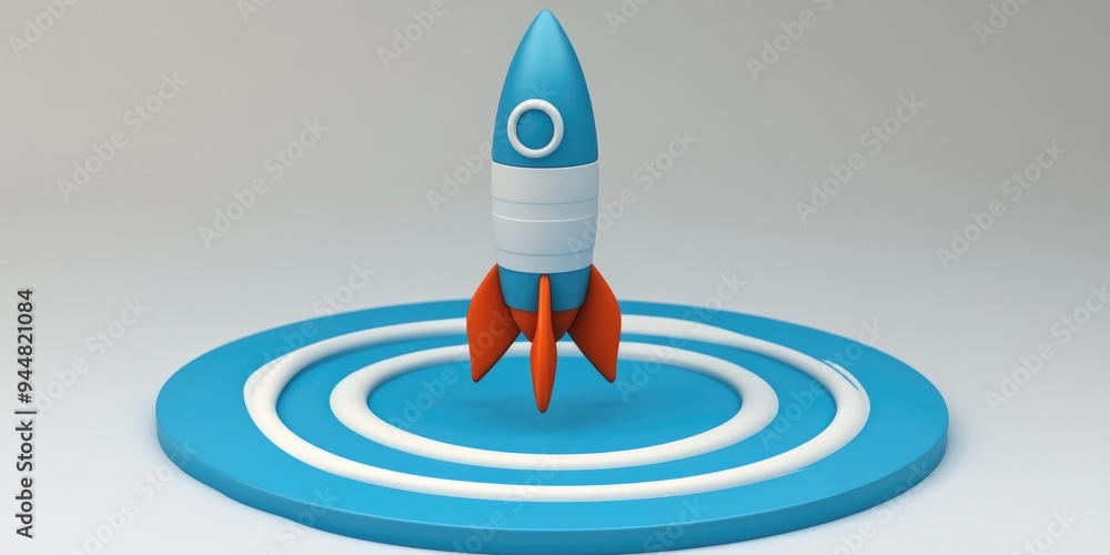 Poster space rocket launch in a blue circle with stripes depicted in 3d cartoon rendering