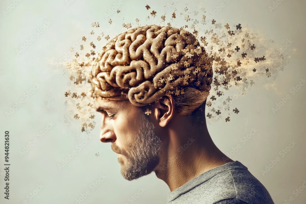 Poster side profile of a young man with a brain composed of organic nature inspired patterns symbolizing th