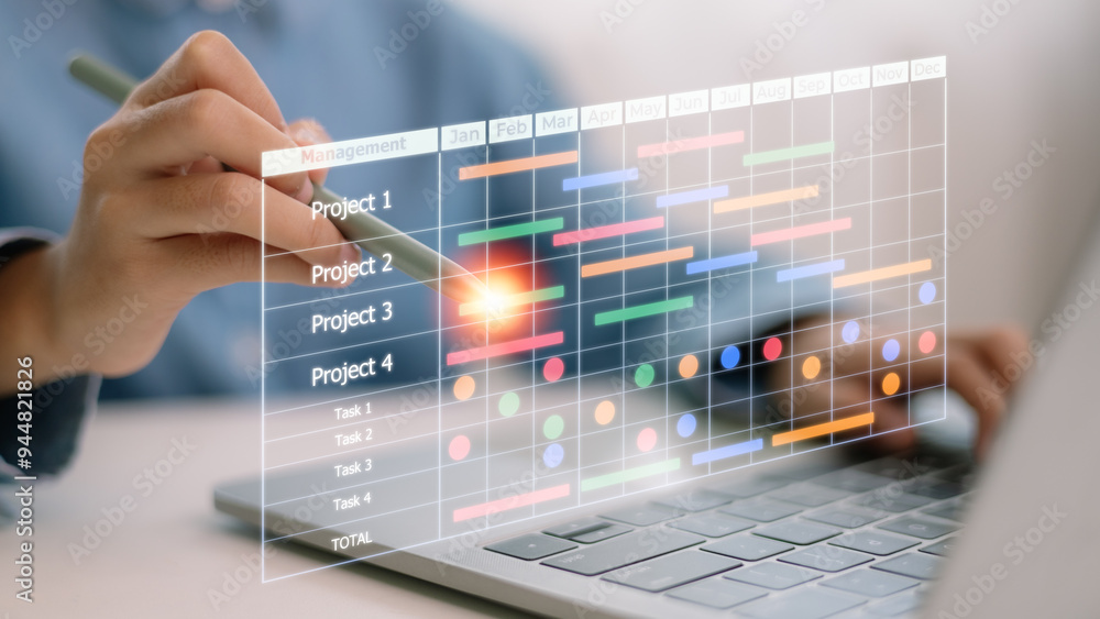 Poster the project manager works and updates tasks with milestones and progress planning. businessman draw 