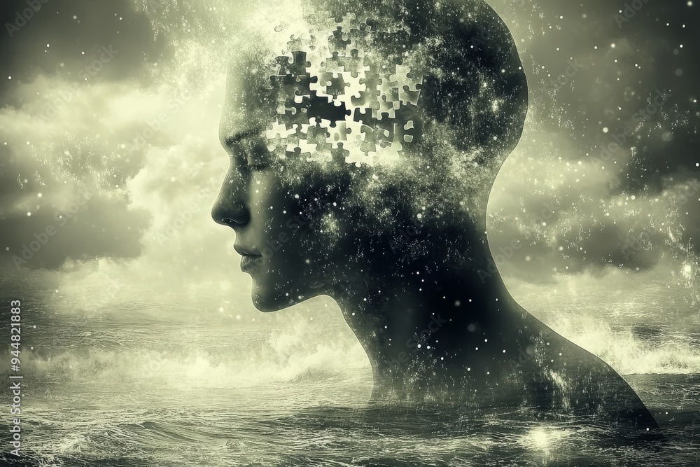 Poster ethereal silhouette of a woman disintegrating into particles symbolizing the fragility of memory men