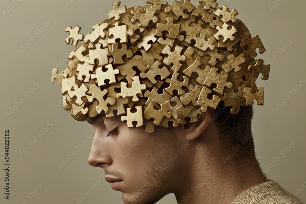 Poster modern sculpture of a man with puzzle pieces forming a brain symbolizing the intricate process of th