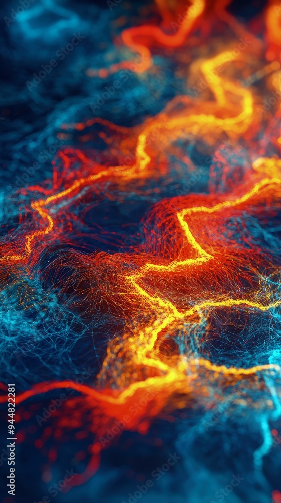Poster machine learning algorithm, flowing data, abstract shapes, high contrast light