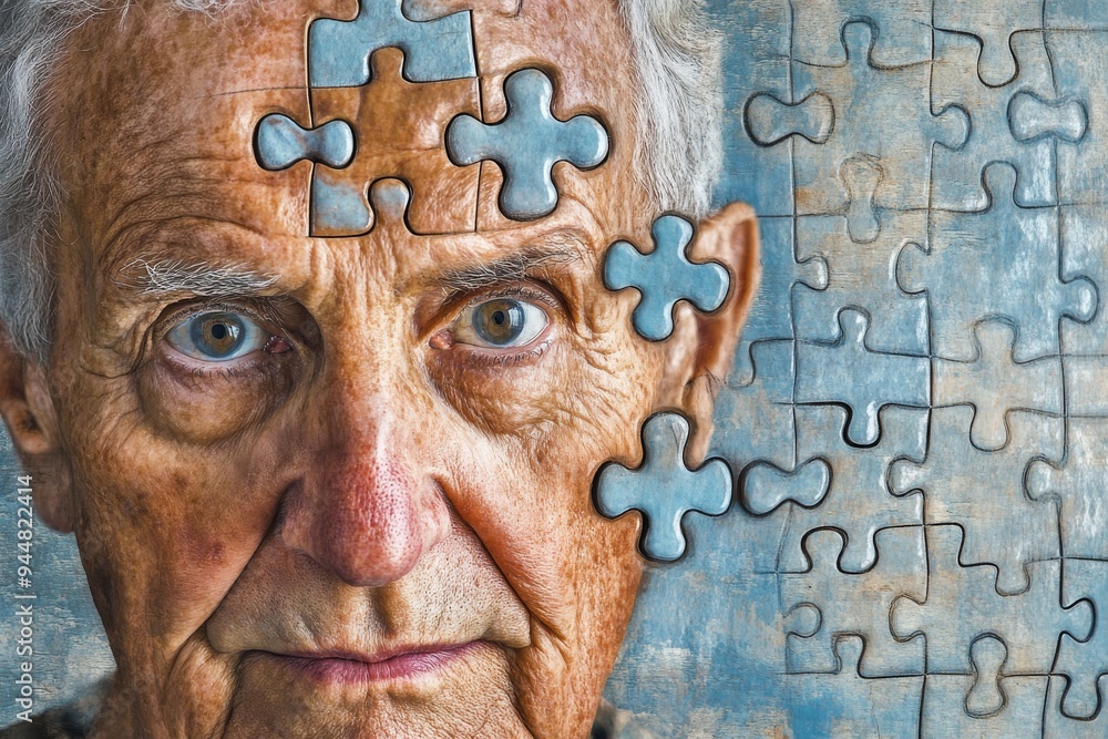 Poster elderly man with puzzle pieces missing from his head symbolizing memory loss aging and the complex n