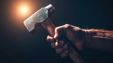 Manâ€™s hand holding a hammer, building something new, strong focused light