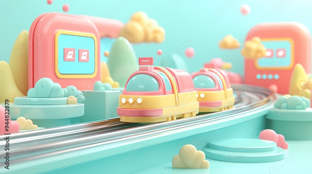 Poster digital e-commerce automation: surreal conveyor belt in abstract landscape of shapes and screens, ge