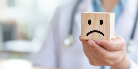 A healthcare professional holds a wooden block with a sad face, symbolizing patient emotions and the importance of mental health.