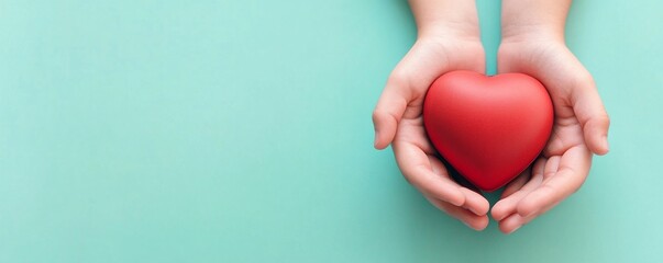 Hand Holding a Red Heart: A Gesture of Love, Care, and Compassion, Symbolizing gesture Emotion, Connection, Kindness, and Wellness in a Romantic Template, giving chance concept.