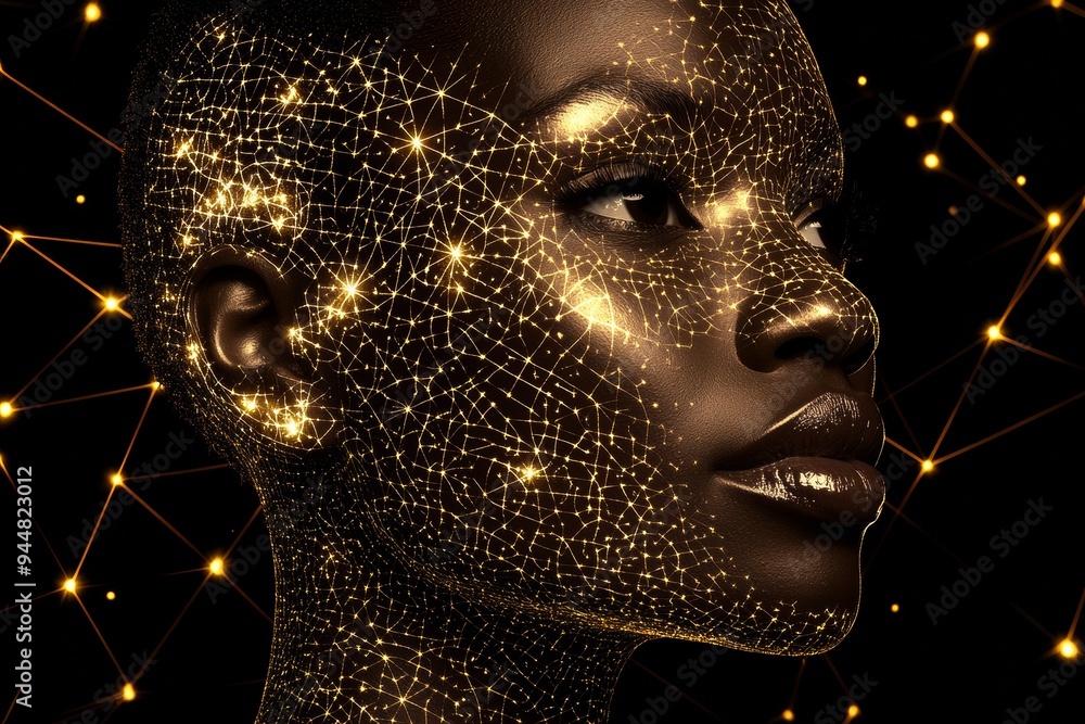 Poster close up profile of a woman with a digital network overlay symbolizing the intersection of human ide