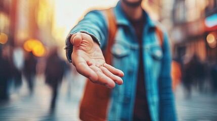 Man&acirc;&euro;&trade;s hand reaching out to shake hands, offering peace or friendship, under bright natural light