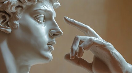 Manâ€™s hand touching a sculpture, appreciating art, museum lighting