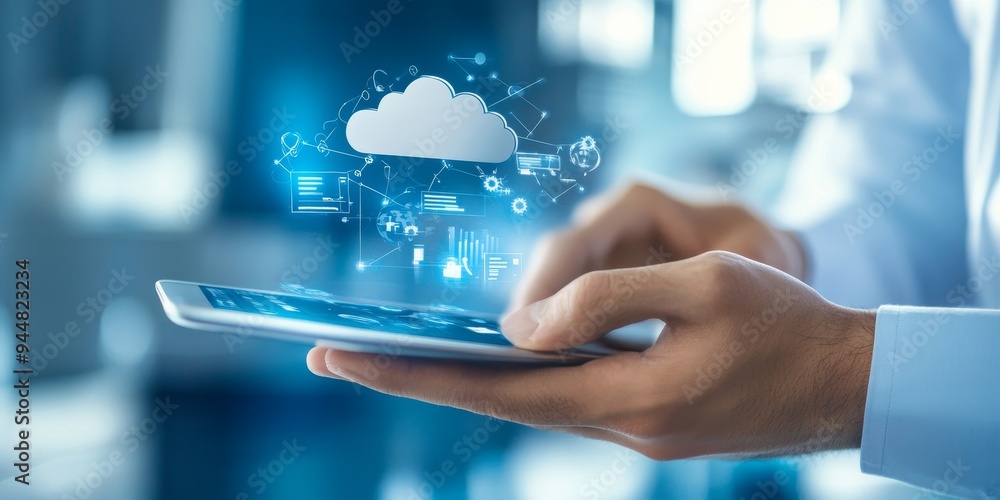 Poster business environment where tech integration of mobile apps and cloud services optimizes collaboratio