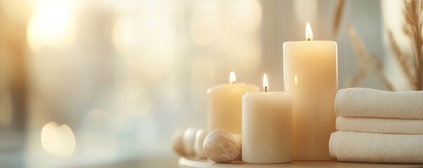 Serene arrangement of lit candles and soft towels, creating a calming and peaceful atmosphere for relaxation and self-care.