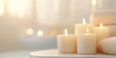 Softly lit candles on a serene table create a warm, inviting atmosphere perfect for relaxation and mindfulness.