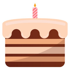 Flat illustration of birthday cake with candle isolated on white background.