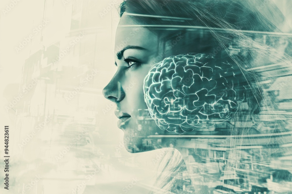 Poster futuristic profile of a woman with a brain composed of geometric shapes symbolizing the intersection