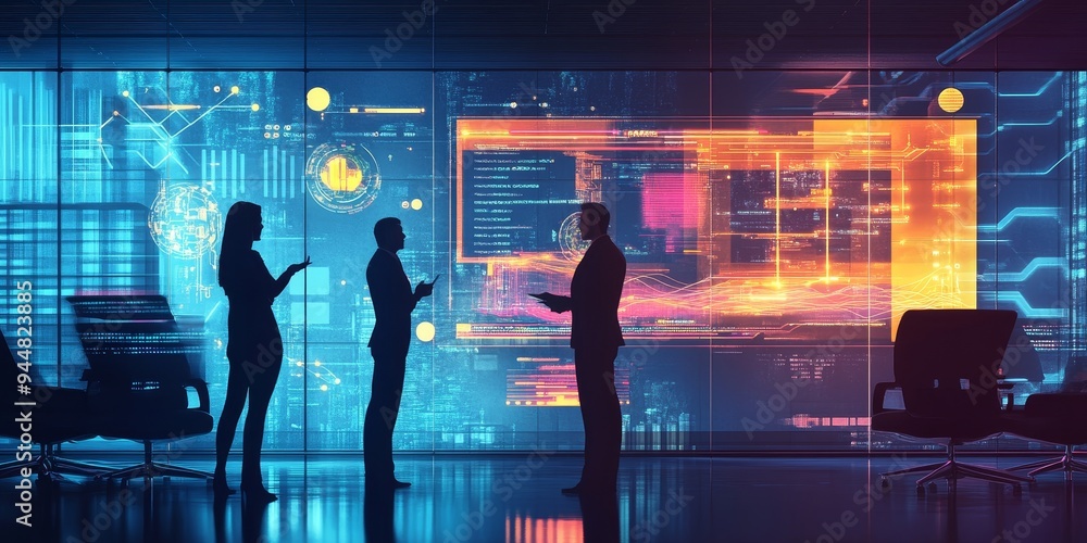 Poster executives in a sleek office setting discussing the integration of advanced tech solutions like bloc