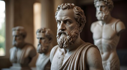 Naklejka premium Ancient Greek philosopher statues philosophy blurred.generative.ai