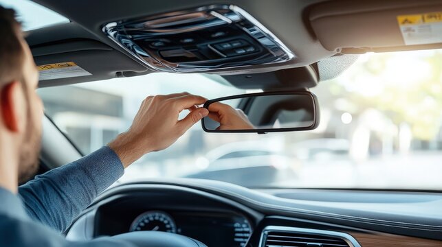 Man's hand adjusting the rearview mirror of a car, preparing to drive, under bright natural light